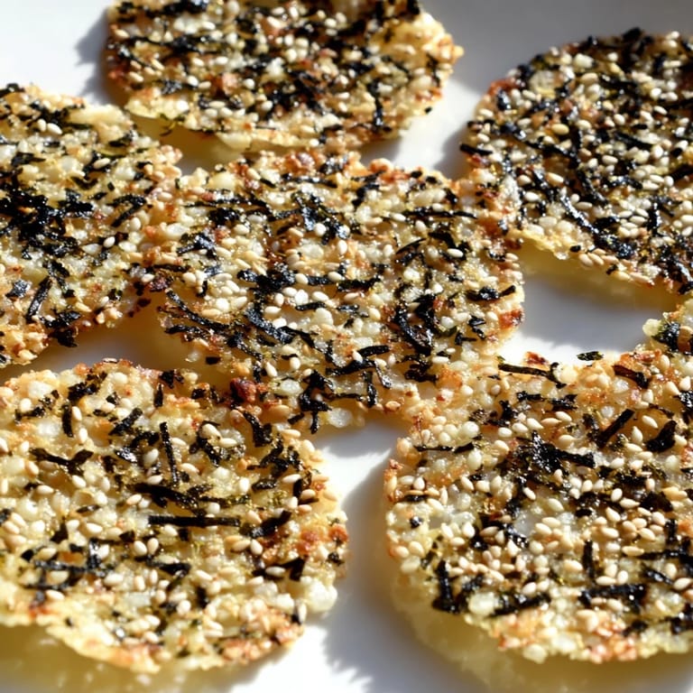 Golden-brown seaweed and sesame rice crisps ready for your next appetizer plate.