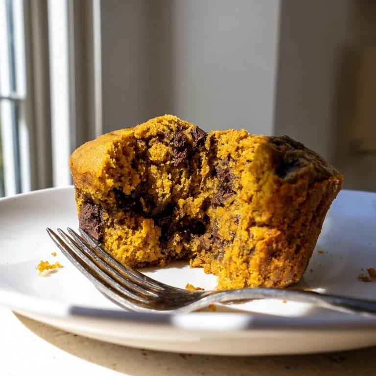 Golden-brown pumpkin chocolate chip muffins with melted chocolate, ideal for brunch gatherings.
