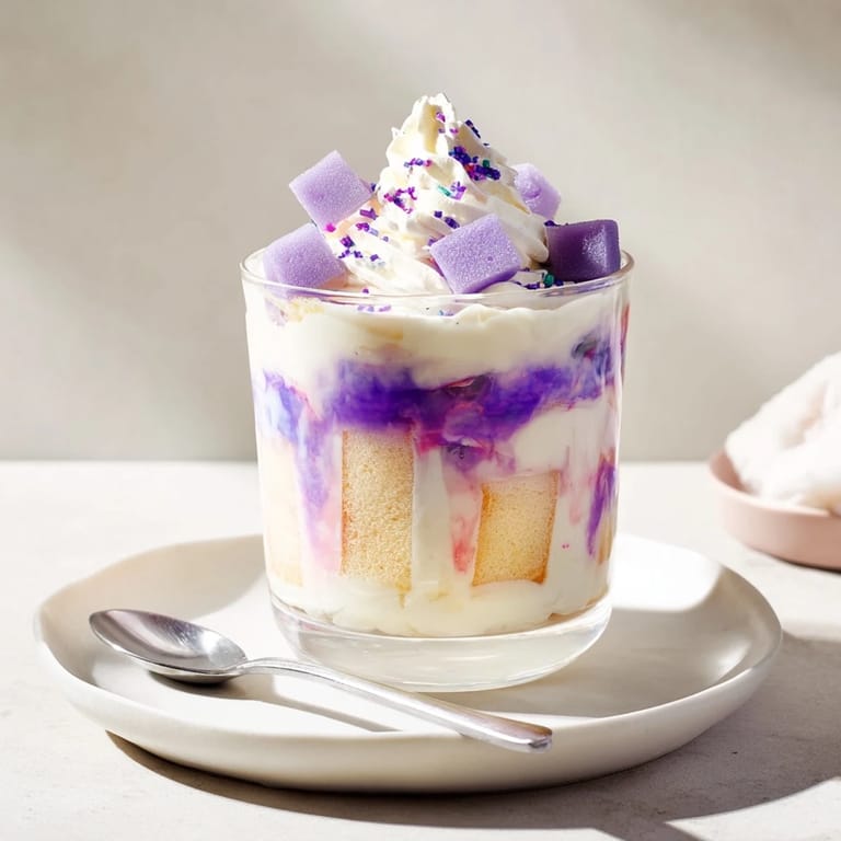 Creamy ube milk jelly trifles, showcasing purple layers and topped with fresh cream.  