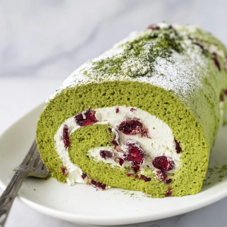 Beautifully sliced Matcha Swiss Roll showcasing vibrant cranberry cream, perfect for dessert lovers.
