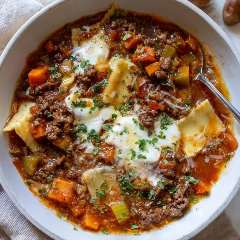 Hearty Gluten-Free Lasagne Soup served with rich flavors and melted cheese.  