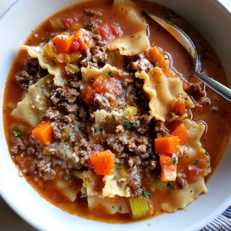 Savory Gluten-Free Lasagne Soup garnished with parsley and luxurious truffle oil.