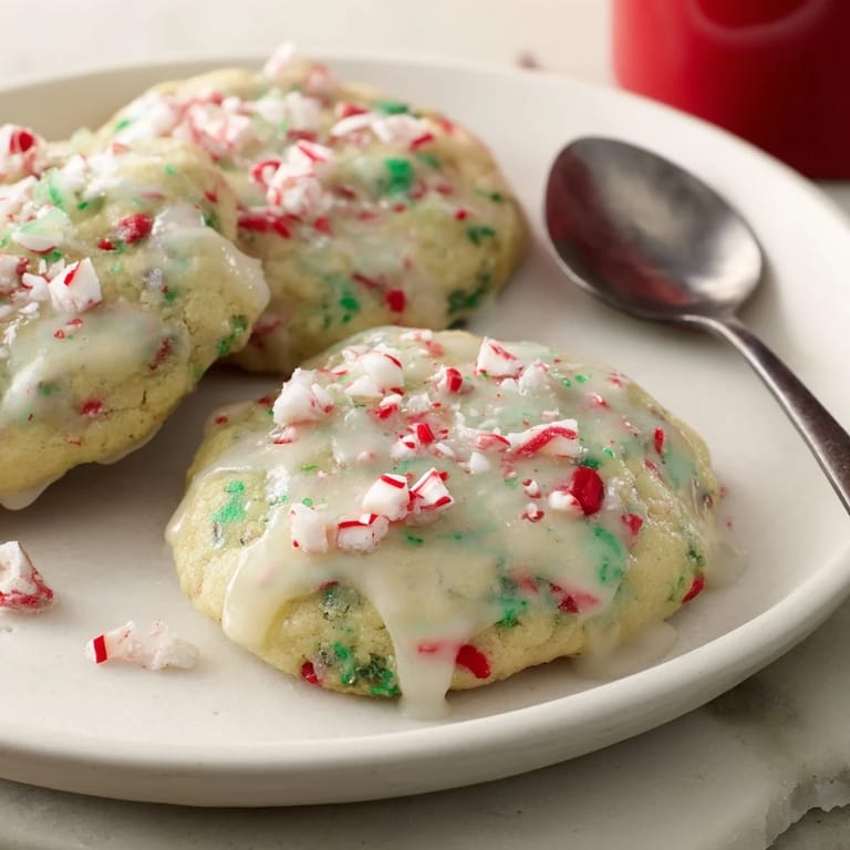 Festive peppermint candy soda float cookies featuring a vibrant glaze and crushed toppings.  