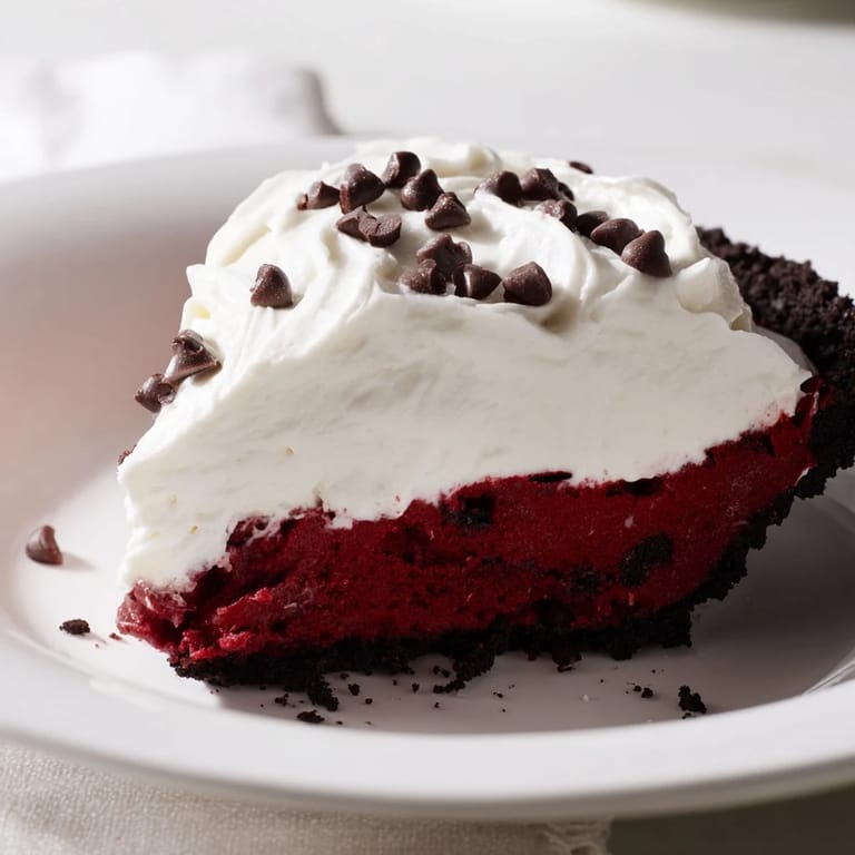 Decadent no-bake Red Velvet Cookie Dough Pie with chocolate crust and creamy filling.  