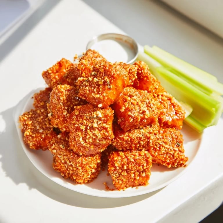 Golden Spicy Pretzel Crusted Buffalo Bites, perfectly tossed in tangy buffalo sauce.