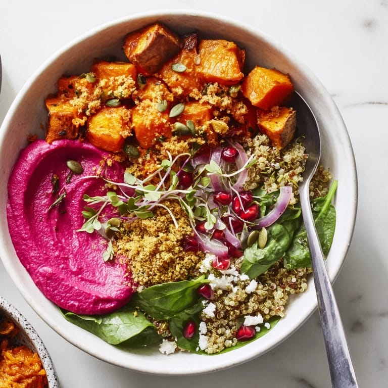 Nutrient-rich spiced winter bowls topped with pistachio-maple crumble and pomegranate seeds.