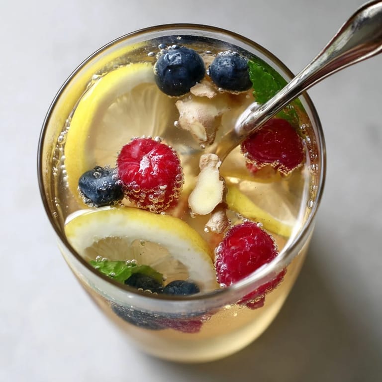 Kombucha-style home-brew mocktails served over ice, garnished with mint and citrus slices.  