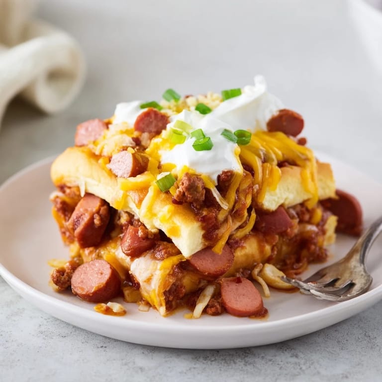 Deliciously baked Chili Dog Casserole, featuring hot dogs and a cheesy topping.  