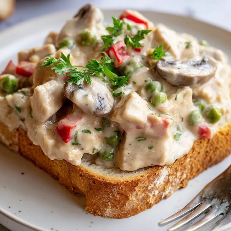 Savory chicken à la king over warm toast, perfect for a cozy weeknight meal.
