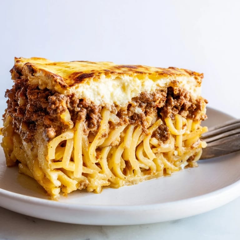 Savory Greek Pastitsio showcasing braided pasta, robust meat sauce, and creamy topping.