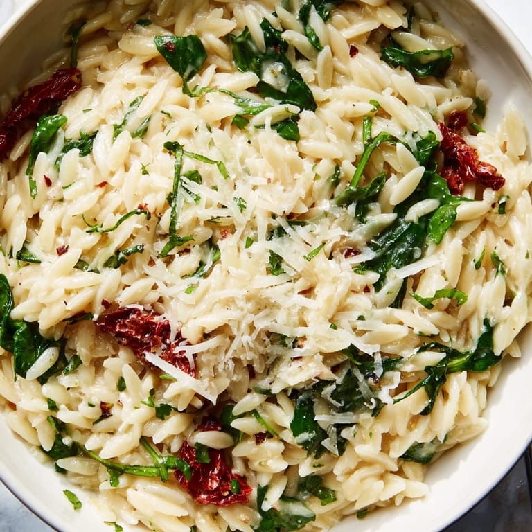 A delicious Creamy Tuscan Orzo Bowl garnished with sun-dried tomatoes and herbs.  