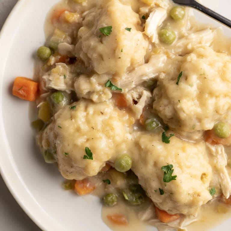 Hearty Chicken and Dumplings Casserole, featuring a creamy sauce and fresh parsley garnish.