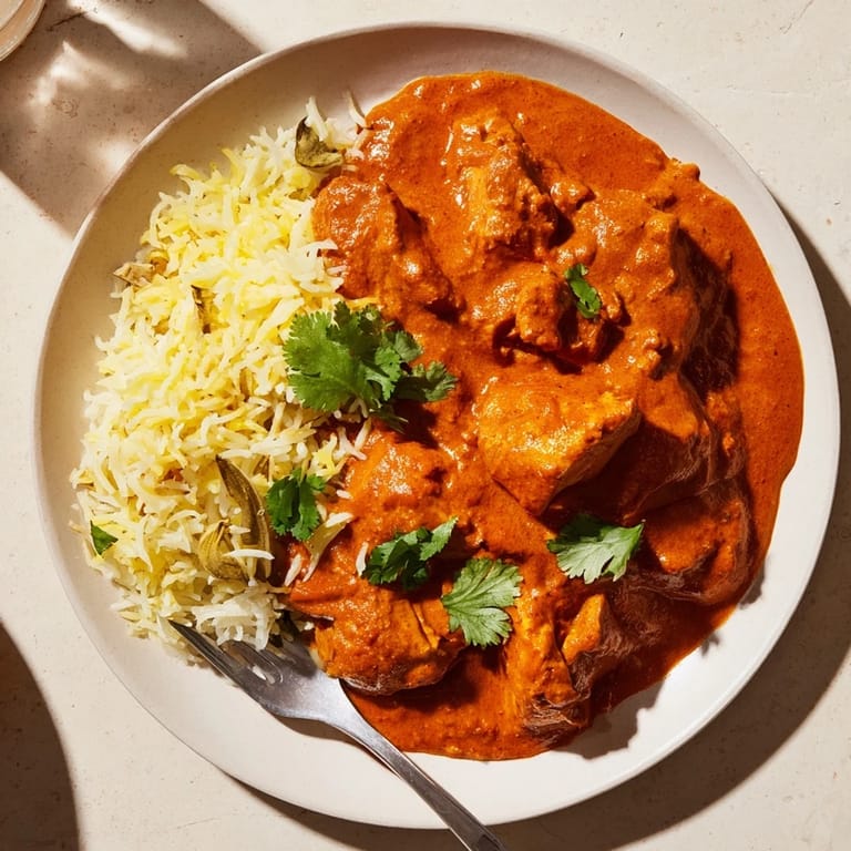 Rich butter chicken dish alongside aromatic, fluffy basmati rice pilaf for dinner.  