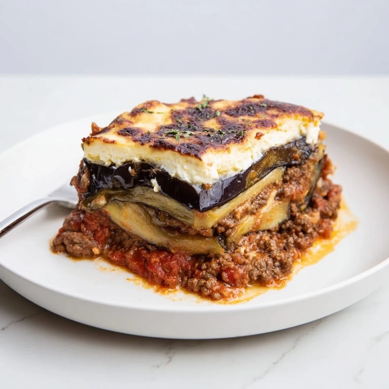 Layers of tender eggplant and spiced beef create a delicious Moussaka for dinner.  