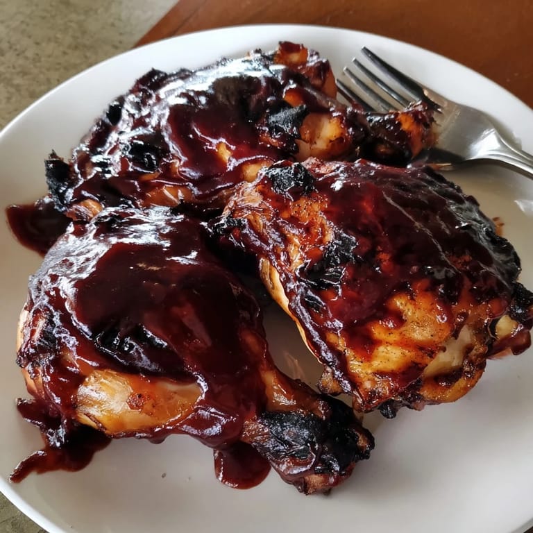 Close-up of cherry bourbon BBQ chicken, glistening sauce creating a mouthwatering summer feast.