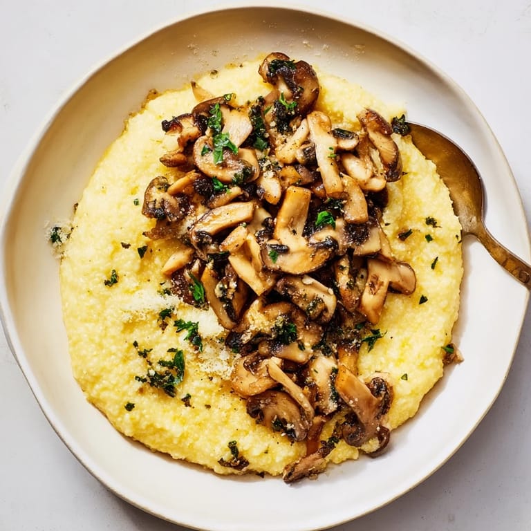 Savory polenta infused with garlic, topped with tender mushrooms, perfect for dinner.