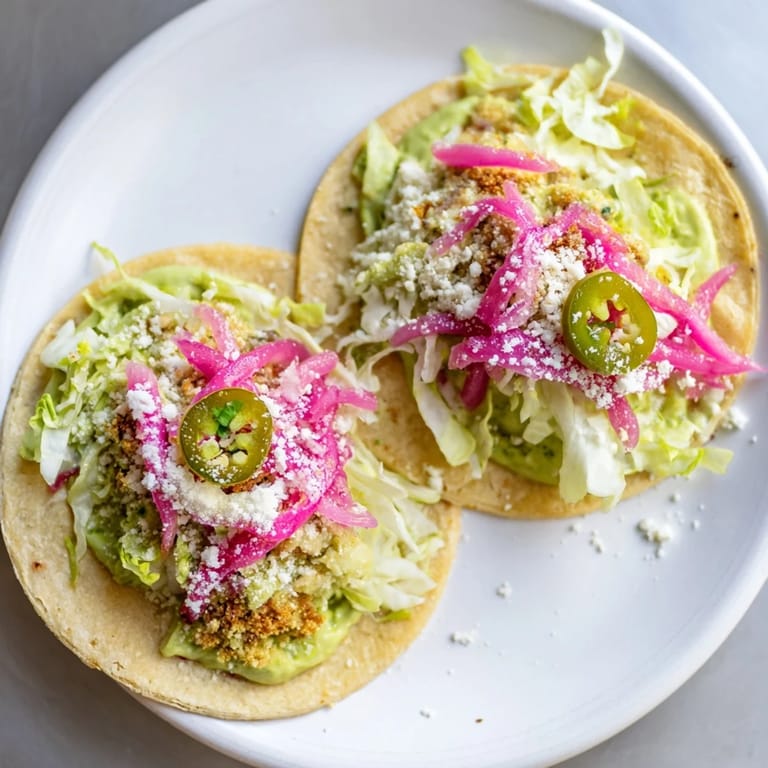 Golden, crispy avocado crema topping warm 5-Minute Pickled Red Onion Tacos for a flavorful bite.
