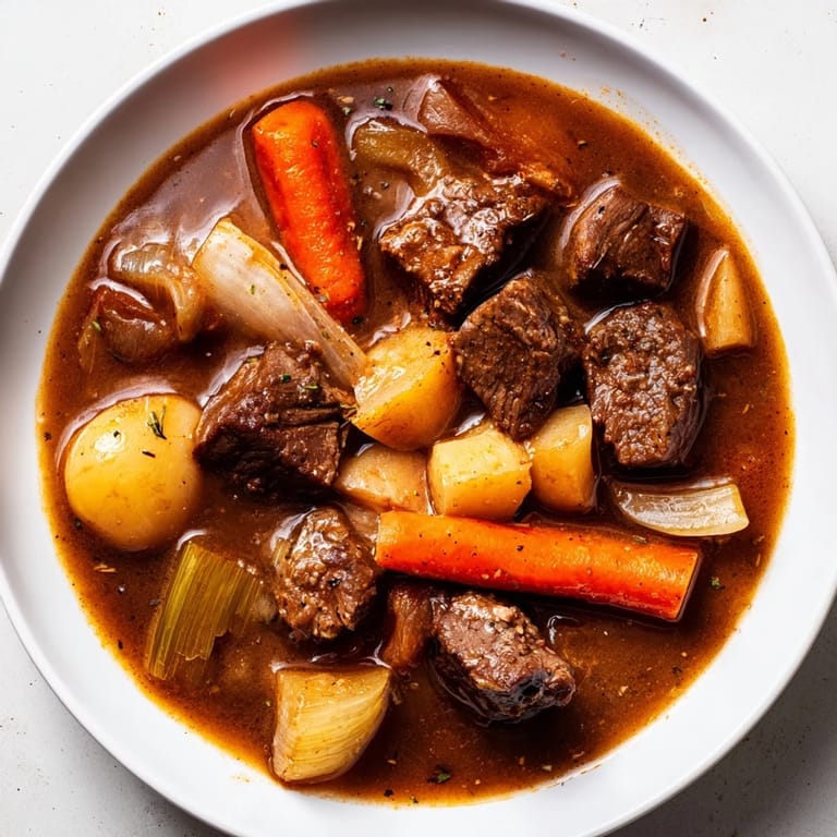 Golden-brown chunks of beef and vegetables in the rich, delicious Comfort Crockpot Beef Stew.