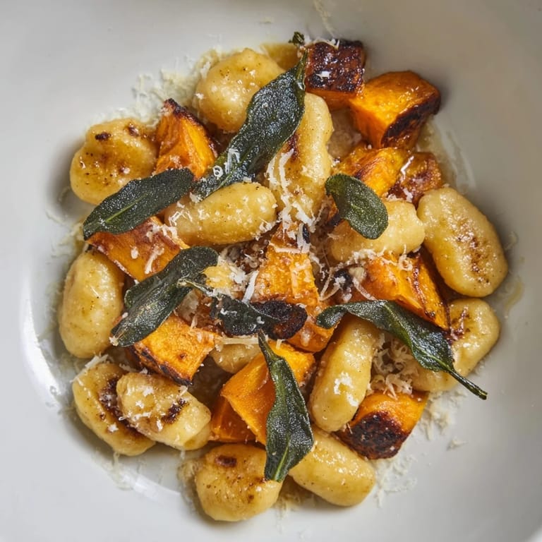 Savory Rustic Butternut Squash & Sage Brown Butter Gnocchi, tossed with crispy sage and Parmesan cheese.
