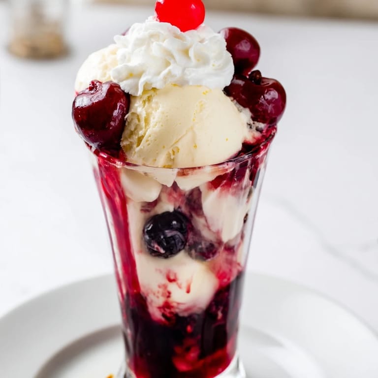 A bright photo of bubbly Homemade Fruit Soda Floats, garnished with fresh and maraschino cherries.
