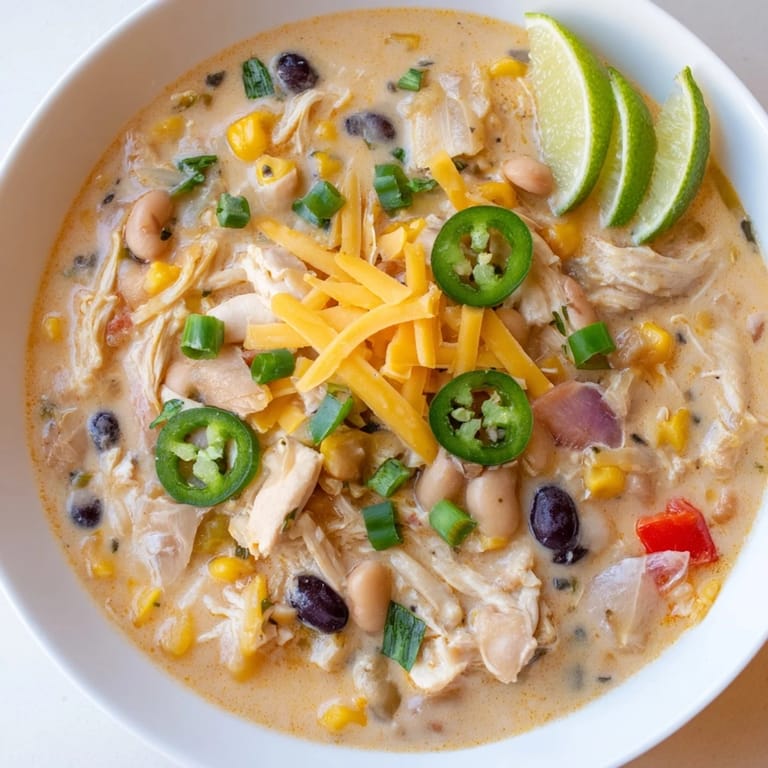 This slow cooker White Chicken Chili features a vibrant mix of beans, spices, and tender chicken, ready to eat.