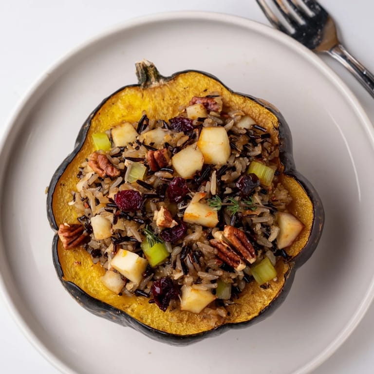 Close-up of the finished stuffed acorn squash; the maple sriracha drizzle glistens on the squash.