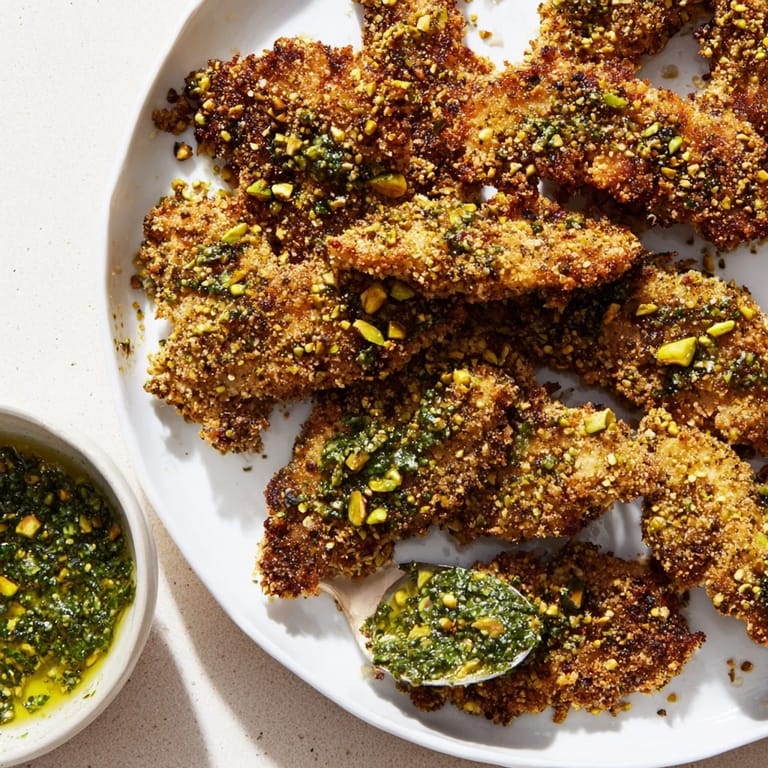 Crispy pistachio crusted turkey tenders, promising a burst of flavor alongside the vibrant chimichurri.