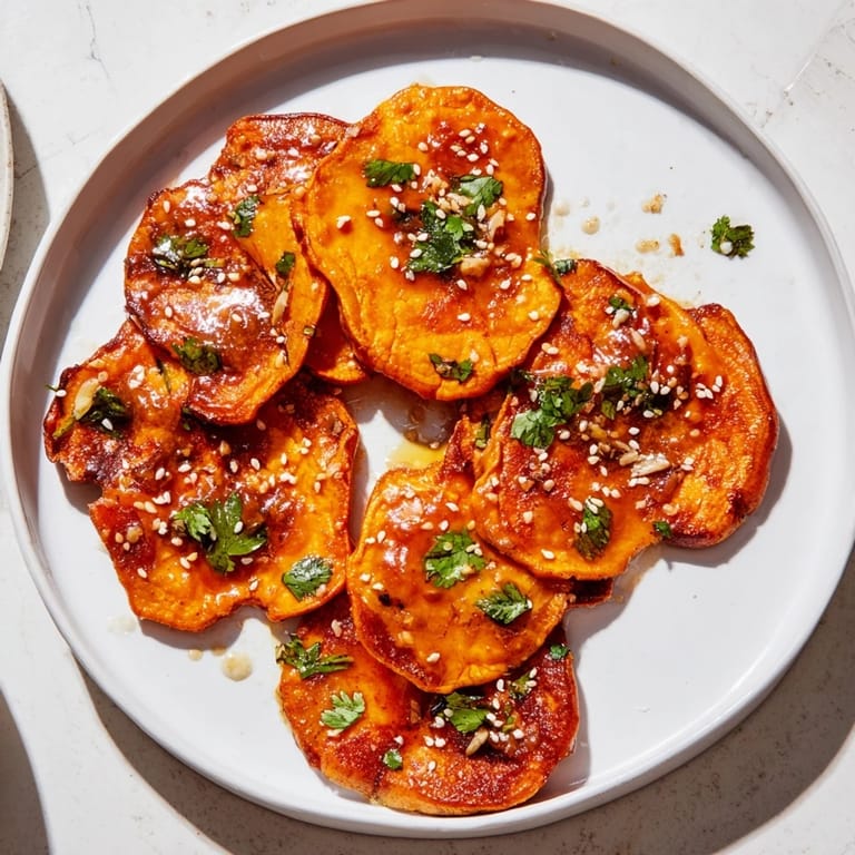 Flavorful, caramelized smashed sweet potatoes with gochujang honey butter, offering a sweet and spicy aroma.