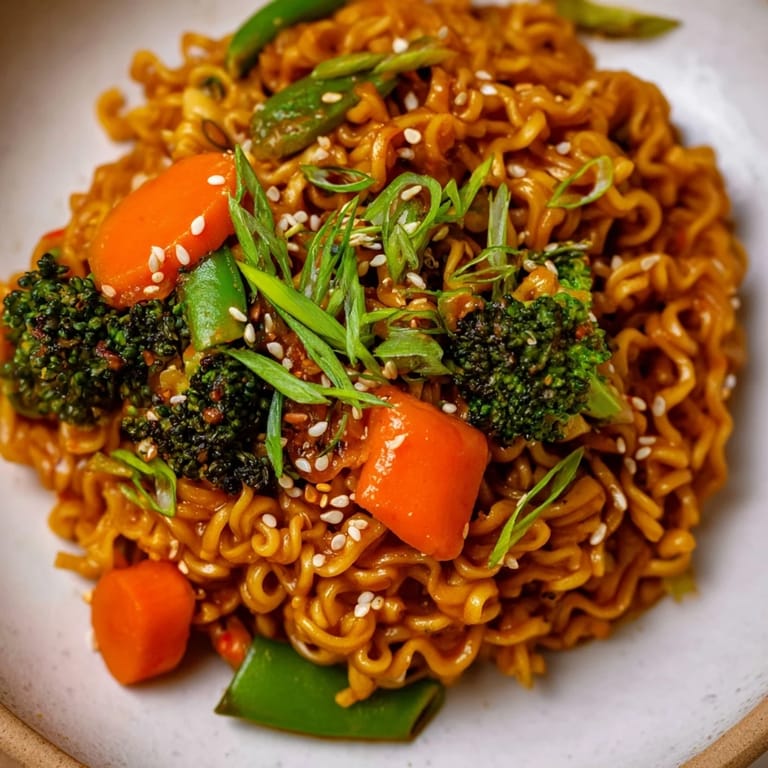Delicious, easy Ramen Noodle Stir-Fry Remix, with sesame seeds and fresh green onions for a flavorful finish.