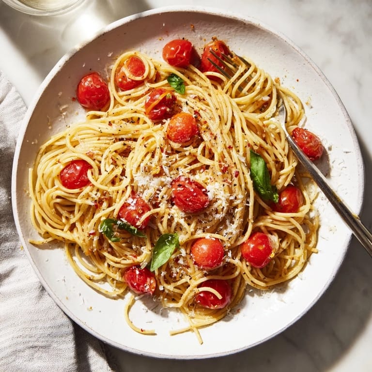 A close-up shot of the Lazy-Girl Pasta, showcasing the vibrant red tomatoes and perfectly cooked spaghetti.