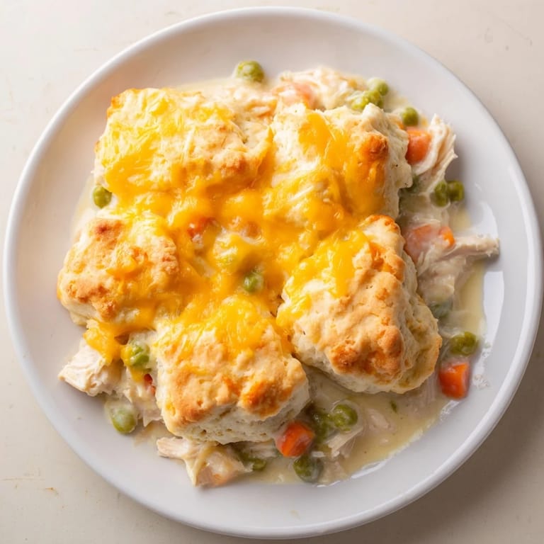Tender chicken and veggies in a creamy sauce, topped with cheesy biscuits; a one-pan chicken cobbler.