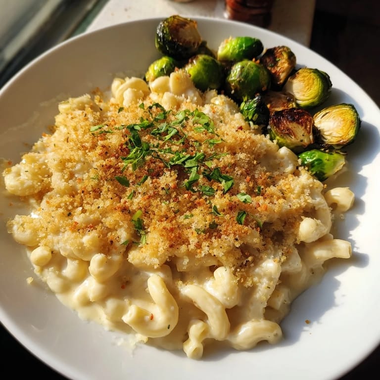 A close-up view of creamy sheet pan mac and cheese topped with golden breadcrumbs and parsley.