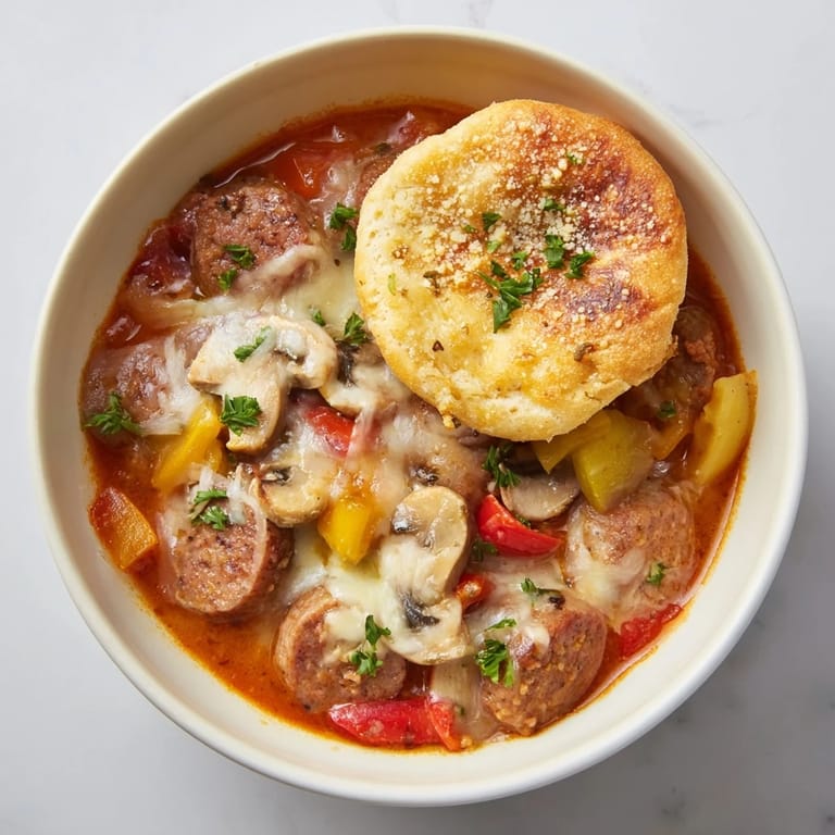 Warm and comforting Pizza Pot Pie Soup: a delicious mashup of flavors, ready to enjoy.