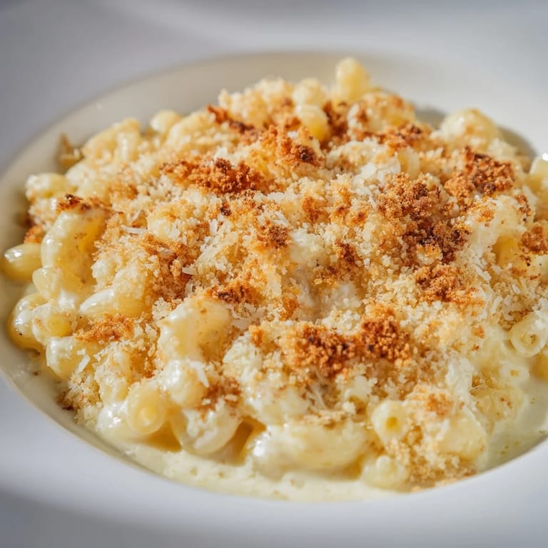 A close-up of piping-hot Baked Macaroni and Cheese with melted cheese pulling away invitingly.