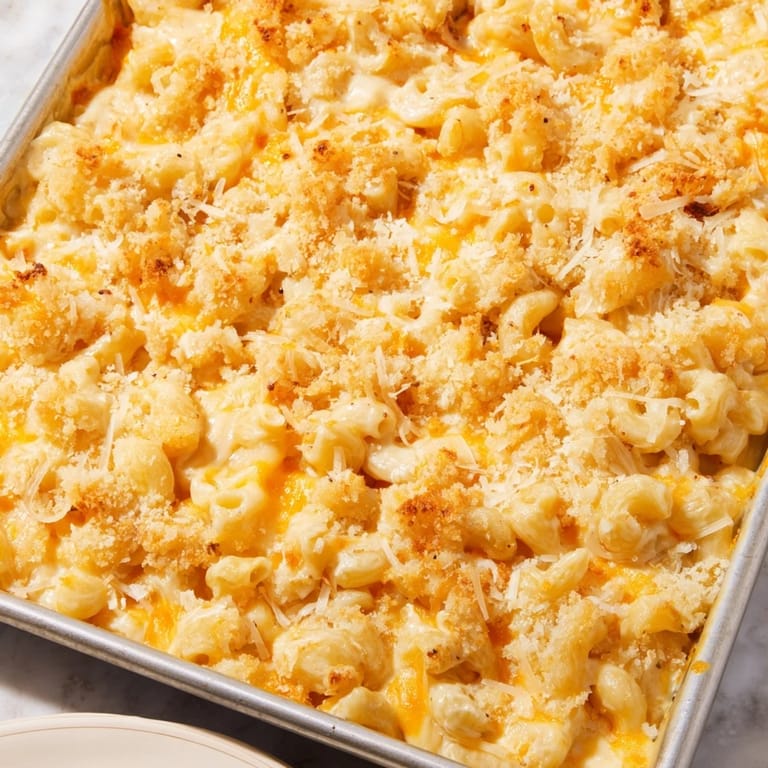 A close-up shot of sheet pan mac and cheese, featuring crispy Brussels sprouts and cheesy pasta.