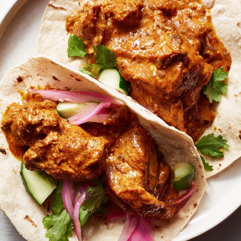 The slow-cooked, glazed Sticky Chicken Tikka Masala Tacos are packed with flavor and texture.