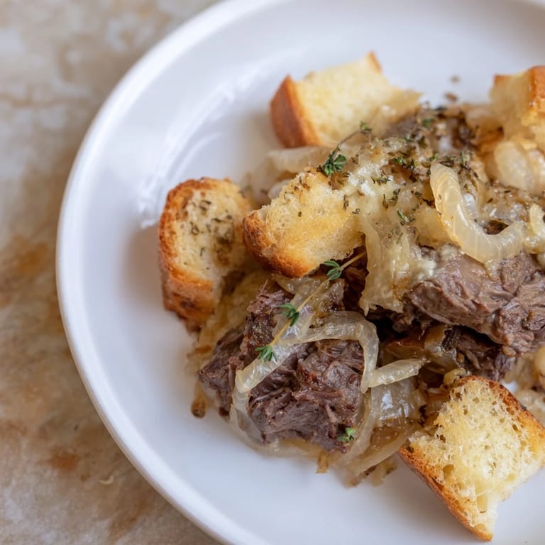 Savory French Onion Pot Roast Casserole bubbling hot, filled with tender beef and caramelized onions.