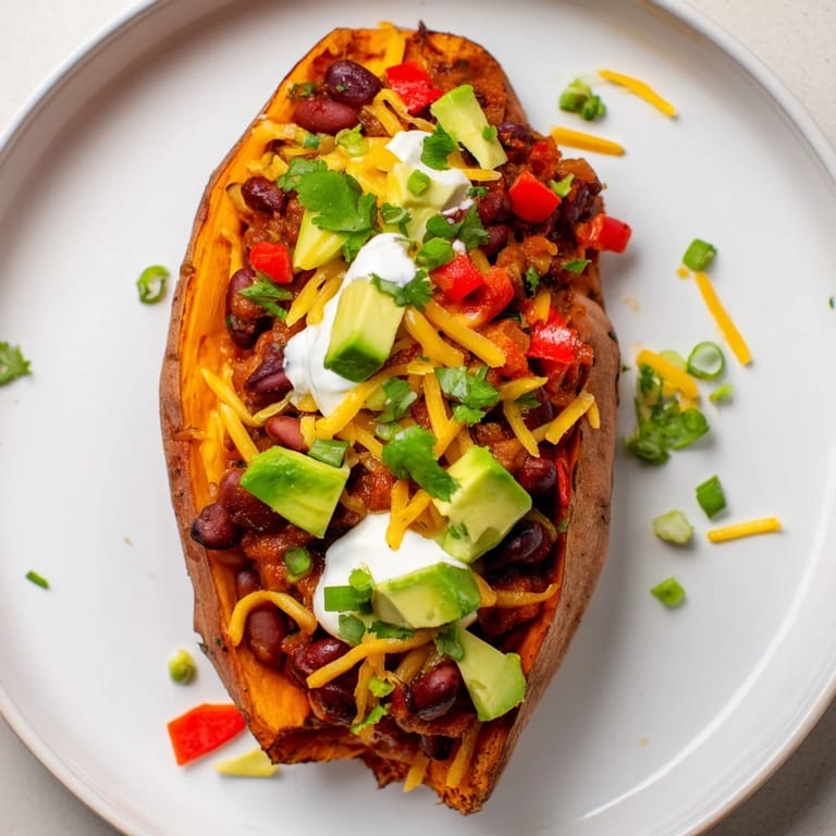 Get a glimpse of the colorful, savory Sweet Potato Chili Boats, ready to be topped with fresh cilantro.