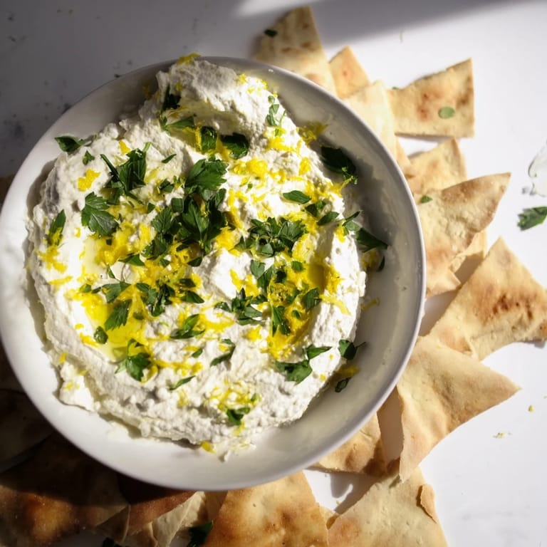 Freshly whipped feta with Greek seasoning, drizzled with olive oil and sprinkled with herbs.