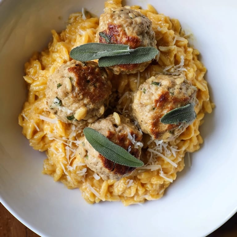 Close-up of Sage Turkey Meatballs with Pumpkin Orzo, garnished and ready to serve for dinner.