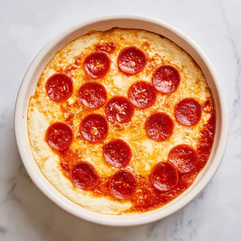 Warm Pizza Dip, a creamy, marinara-layered appetizer topped with melted mozzarella and Parmesan.
