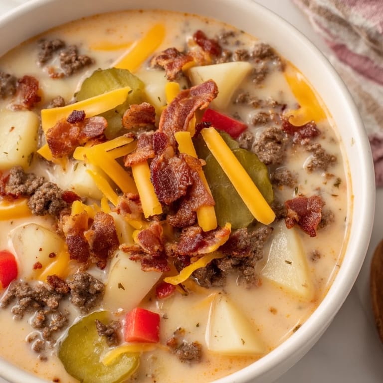 A steaming bowl of Crockpot Cheeseburger Soup featuring tender potatoes, hearty beef, and a creamy texture.
