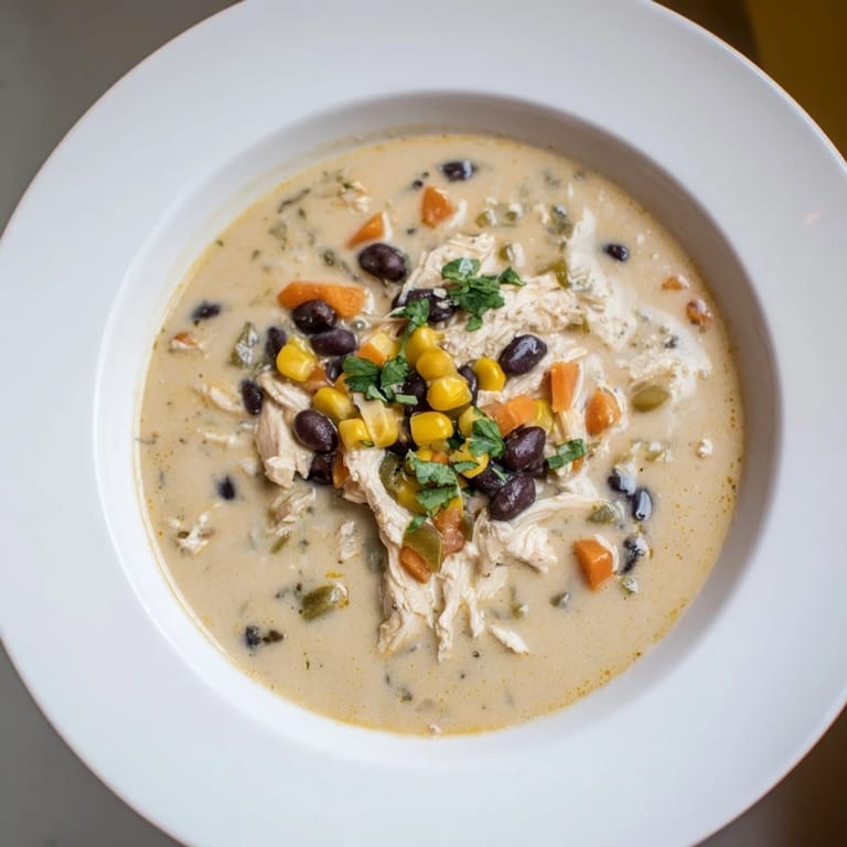 A close-up shot of a hearty Chicken Poblano Soup, showcasing the tender chicken and colorful vegetables.