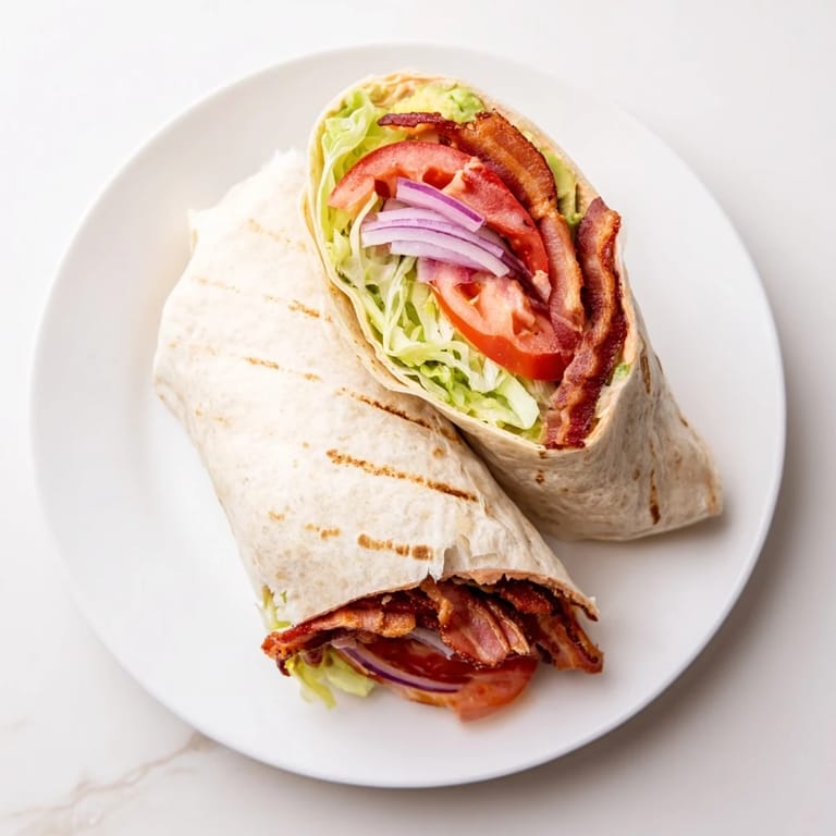 Close-up of a Zesty BLT Wrap with visible layers of bacon, tomato, and lettuce inside.