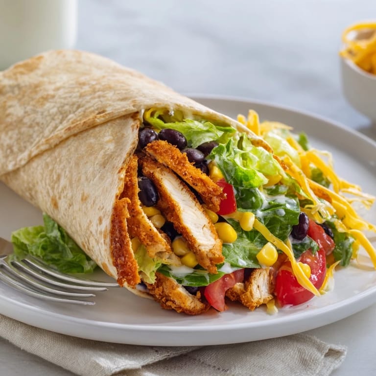Freshly made Southwest Chicken Wrap, cut in half, revealing the flavorful layers of ingredients within.