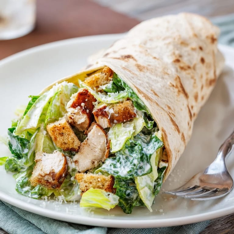 Close-up of a Chicken Caesar Wrap, showing the creamy Caesar dressing and crunchy croutons inside.
