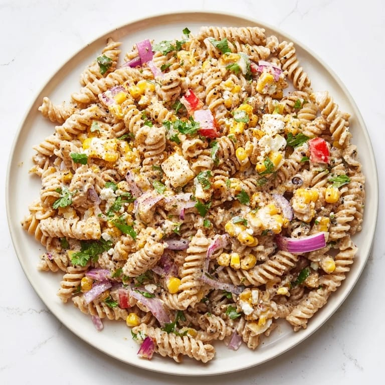 Colorful, refreshing Healthier Mexican Street Corn Pasta Salad, perfectly tossed and sprinkled with cheese.