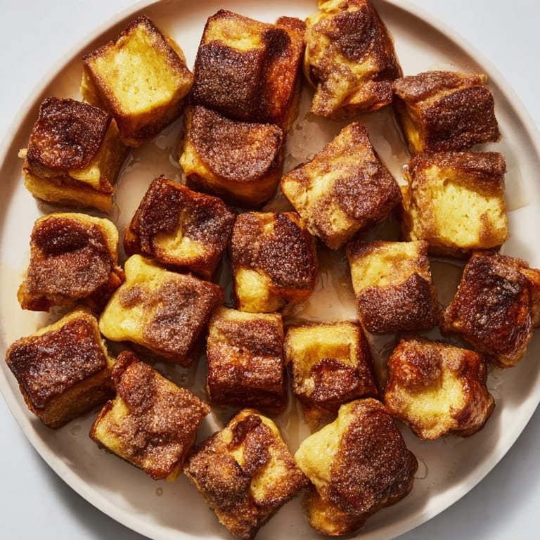 These baked Mini French Toast Casserole Bites are perfectly golden brown, with a sweet, custardy interior.