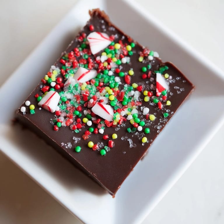 A close-up of shiny, decadent 3-Ingredient Christmas Fudge Squares, ready to be cut and served.