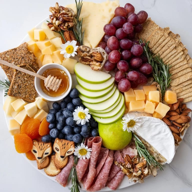 A beautiful cheese Cozy Forest Animal Board displays delightful pairings, fresh rosemary, and a charming forest ambiance.